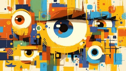 Abstract painting of cartoon characters with big eyes and wide grins