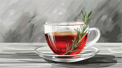 Hot tea with fresh rosemary in glass cup on grey table 