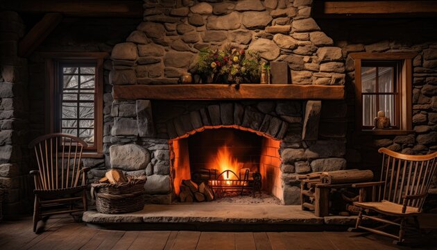 Rustic stone fireplace in a cabin with two wooden rocking chairs placed in front