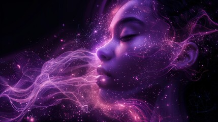 Digital woman head with violet space stars, Artificial Intelligence concept. Abstract illustration of a head with purple glowing and shining, machine learning. Mental health care, ezoteric theme.