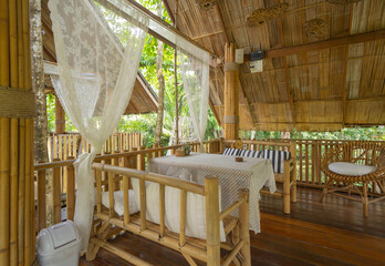 Thai restaurant with nature forest trees. Interior design.