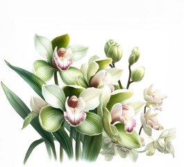 Fluid strokes portray a cluster of Cymbidium Orchid flowers in a soft watercolor style. - obrazy, fototapety, plakaty