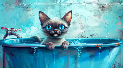 Fluffy cat in a blue vintage bathtub smiles broadly. Surreal art with weird animal.