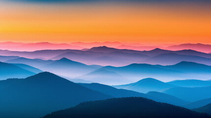 AI generated illustration of mountains silhouetted against a sunset sky