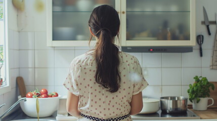 Woman is cooking in the kitchen, back to the camera - Powered by Adobe