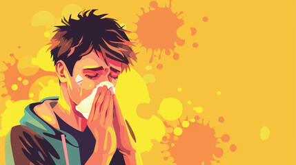 Ill young man with nasal drops and tissue on yellow background