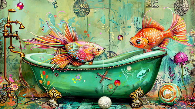 Two  fish sitting in a vintage bath. Fantastical colorful artwork with weird animal