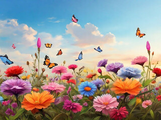 Vibrant meadow with colorful butterflies and blooming flowers under a soft sky