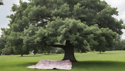 An icon of a tree with a picnic blanket spread ben upscaled 13 - obrazy, fototapety, plakaty