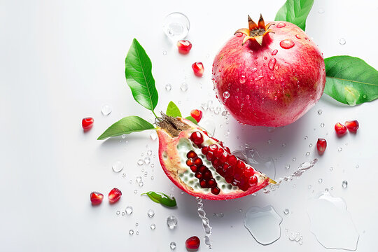Pomegranate with water drops and leaves on a white background. Red sweet fruit