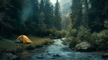 Orange tent beside a tranquil river amidst a foggy forest, peaceful morning in nature