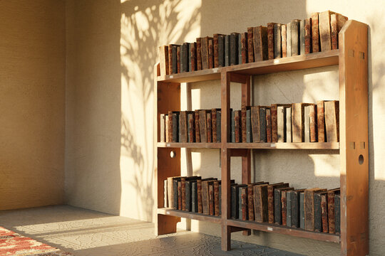 old bookshelf and clay walls are illuminated by sunlight. 3D rendering