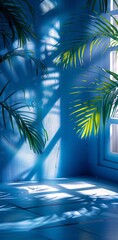 a palm leaves on a blue wall