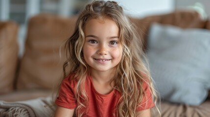 llittle girl smiling in  red T-shirt