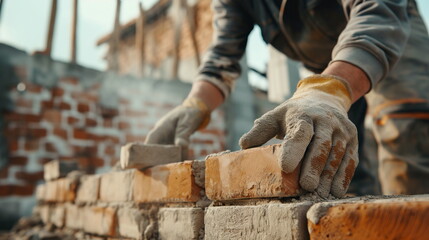 construction european professional workers laying bricks for a new wall