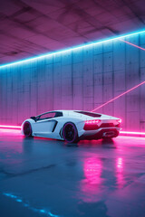 A concept car in a futuristic style in neon light