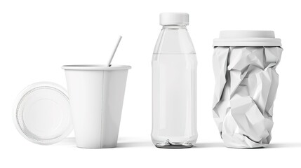 Assorted disposable drink containers on white background