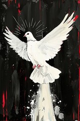 Envision a dove flying elegantly in the sky, illuminated by a beam of light shining down from the sky The scene is set against a banner backdrop, providing space for text or decoration, creating a sen - obrazy, fototapety, plakaty