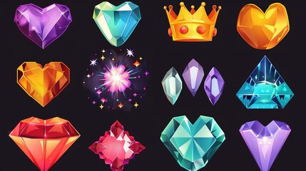 Naklejka premium Colorful assortment of cartoon gemstones and crystals on a dark background