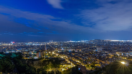Panorama of Barcelona night to day timelapse, Spain, viewed from the Bunkers of Carmel