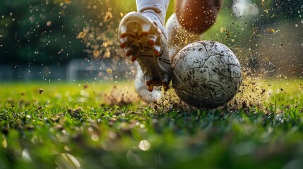 Close-up of a soccer player's cleated foot kicking a ball, with grass flying, capturing the intensity of the game