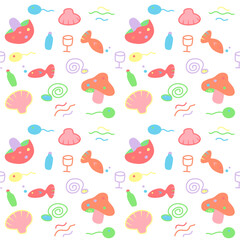 Seamless pictures of cartoon drawings of mushrooms, fish, shellfish.