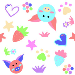 Seamless pictures, cute cartoons, pigs, stars, flowers, hearts, can be used in many ways.