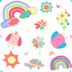 Seamless picture of cute cartoon characters chicken, rainbow, flower, turtle
