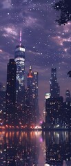Obraz premium Imagine a cityscape at night, with the lights of corporate buildings illuminating the urban skyline The scene conveys a sense of energy and business activity, captured with decorative elements