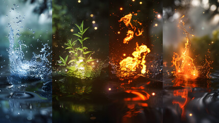 Four elements, water, earth, fire, air. Universe concept. 