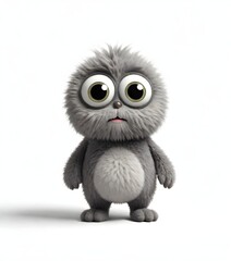 A cute, furry gray creature with large eyes and a round body, resembling a plush toy