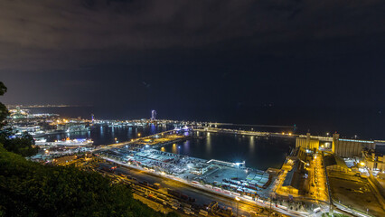 Night skyline from Montjuic with Port Vell timelapse, Barcelona, Catalonia, Spain