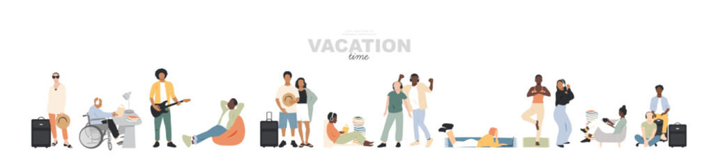 Vacation Time banner. People enjoy different types of leisure activities.
