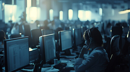 A bustling call center where agents handle inquiries with speed and professionalism.