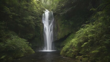 A hidden waterfall nestled within a dense forest upscaled 3