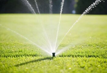 A sprinkler spraying water over a lush green lawn on a sunny day