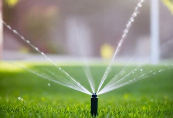 A sprinkler spraying water over a lush green lawn on a sunny day