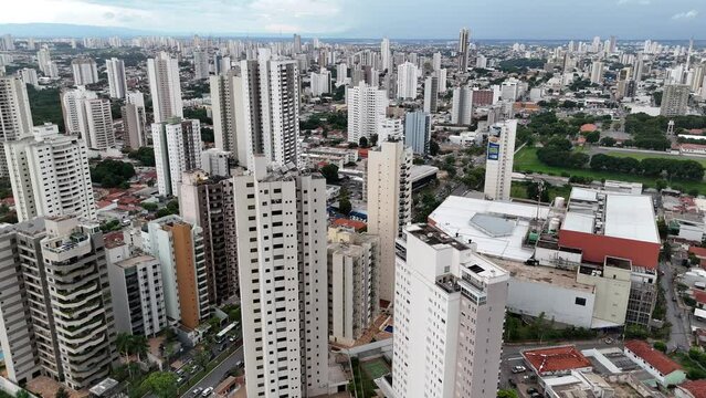 Drone footage of the cityscape of Cuiaba the Capital of Mato Grosso State on a cloudy day, Brazil