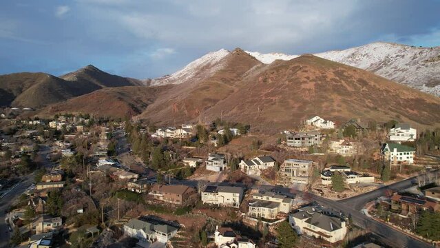 Drone footage of a residential suburb in Salt Lake City on a sunny day in Utah, USA