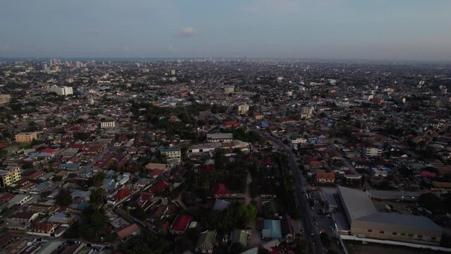 Aerial footage of the cityscape of Dar es salaam at sunset,Tanzania