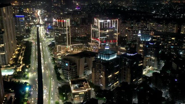 Hyperlapse aerial footage of the traffic in Gurugram financial district at night in Haryana, India