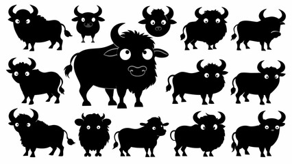 set of cute buffalo silhouette black color iso - obrazy, fototapety, plakaty
