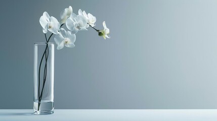 A close-up of a white orchid in a glass vase against a gray background