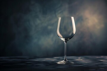 Elegant photo of a lone crystal wine glass placed precisely in the center of a smooth, dark table, emphasizing purity and clarity through minimalism - obrazy, fototapety, plakaty