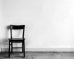 Stark image of a single black chair against a white wall, capturing the essence of solitude and simplicity in a minimalist setting