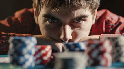 Subtle image of a person contemplating their move in a high stakes poker game, with focus on their intense eyes and the strategic placement of cards and chips on the table
