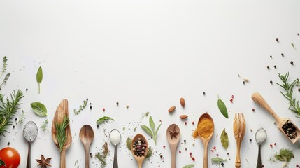 Top view flat lay food spices, herbs and utensil copy space on white background. AI generated
