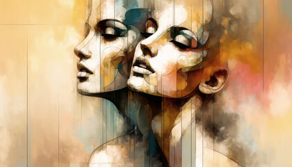 AI generated illustration of abstract art of two overlapping faces in profile