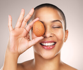 Skincare, hydration and woman with egg in studio for natural, cosmetic and facial treatment....