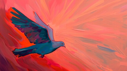 See a serene image of a dove flying in a clear sky, with light shining down from above A banner in the background provides space for a message or decoration, creating a peaceful and uplifting atmosphe